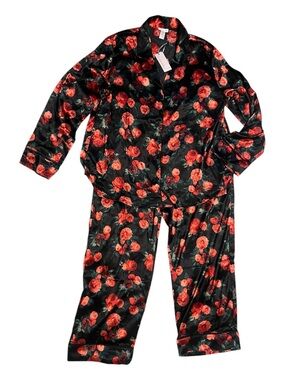 NWT Ambrielle Odette Black and Red Floral 2-Piece Pajama Set Size Large